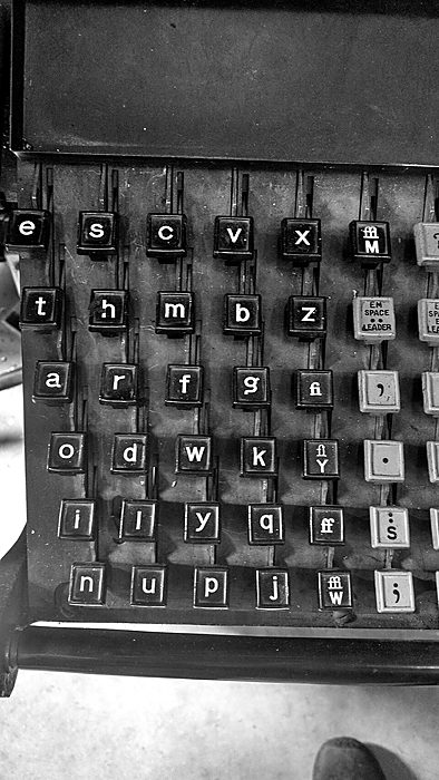 The ninety-key Linotype keyboard, with ETAOIN SHRDLU in the first two columns